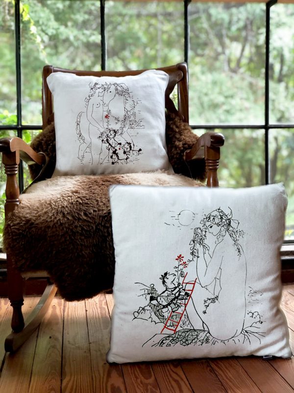 cavalier Linen white square decorative cushion with simple design of woman with horse