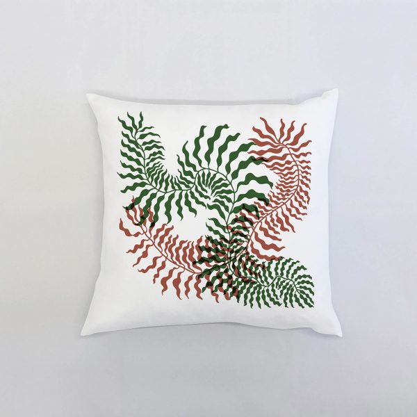 red green ferns Λευκό μαξιλάρι από 100% βαμβάκι, και σχέδιο με κοκκινοπράσινη φτέρη