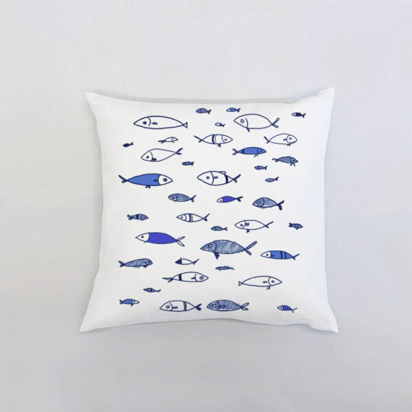 small fishes Λευκό μαξιλάρι από 100% βαμβάκι, με σχέδιο μπλε μικρά ψάρια